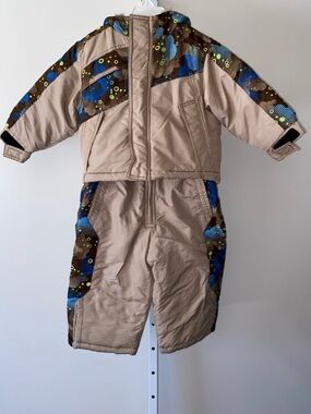 London Fog Tan Kids Puffer Jacket & Snow Pants with Blue Accent Print